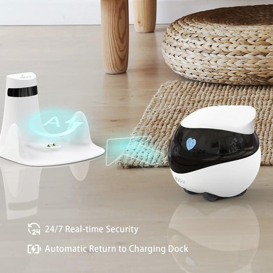 White and black pet camera robot on wooden floor with automatic charging dock and woven baskets in background.
