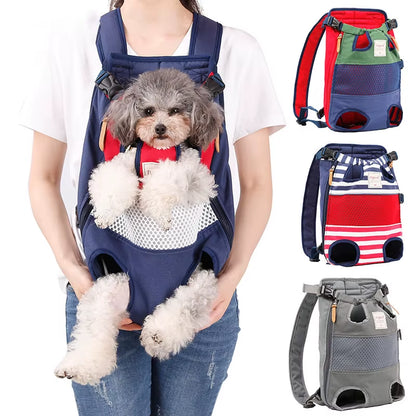 Woman wearing navy pet carrier backpack with small fluffy dog inside, shown with three color variant options.