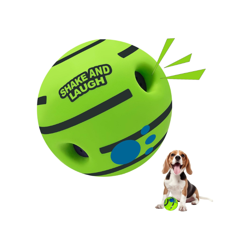 Bright lime green interactive dog ball with black accents and paw print design, next to a beagle puppy.