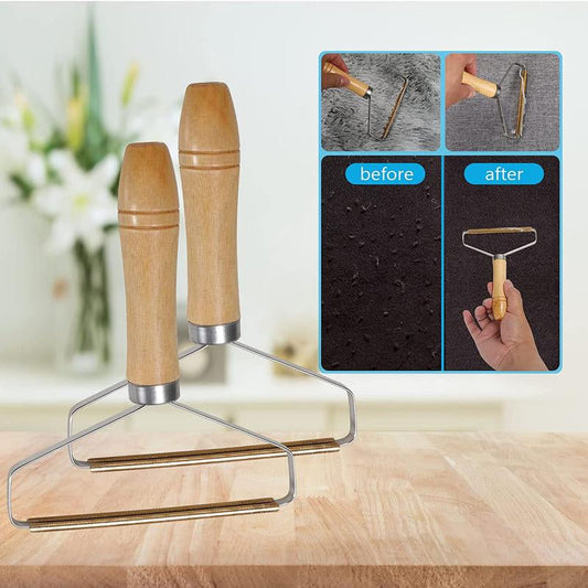 Two wooden-handled pet hair removers with metal frames displayed on wood surface; before/after comparison showing lint removal from dark fabric.