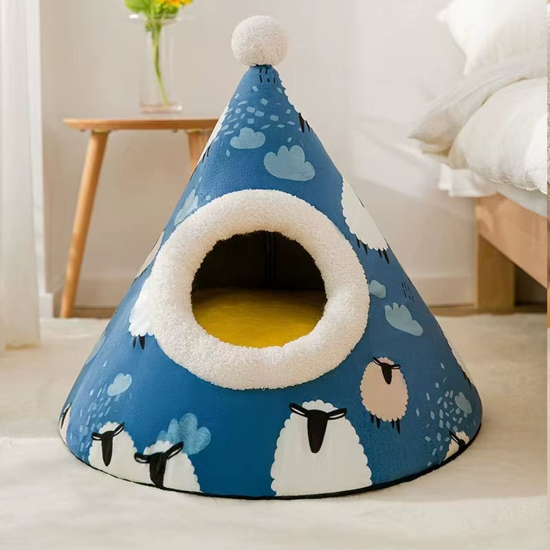 Blue cone-shaped pet tent with cloud and sheep print, white fleece trim around entrance, yellow cushion interior.