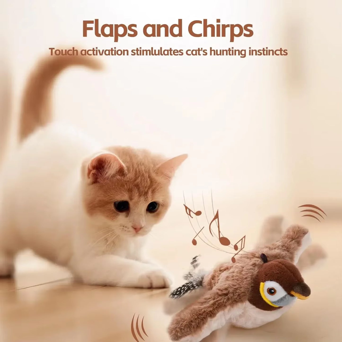 Cream and white cat watching brown plush flapping bird toy with feathers and motion lines on wooden floor.