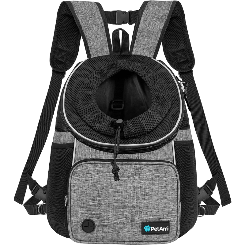 Gray and black dog front carrier backpack with mesh ventilation, adjustable padded straps, and front pouch storage.