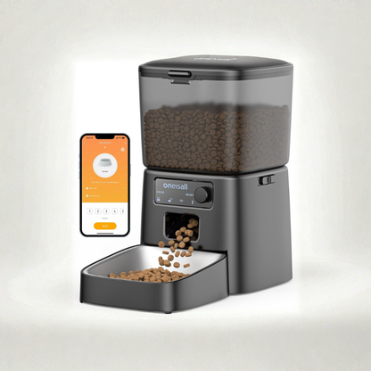 Black automatic WiFi cat feeder with transparent storage container, control panel, and smartphone app interface showing portion control.