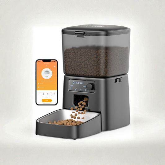 Black automatic WiFi cat feeder with transparent storage container, control panel, and smartphone app interface showing portion control.