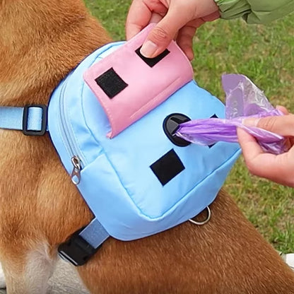 Blue waist bag with pink pouch attached to brown dog, person holding purple waste bags from dispenser.