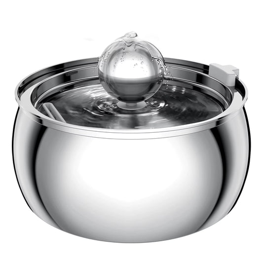 Stainless steel spherical pet water fountain with glass dome lid and water circulation system.
