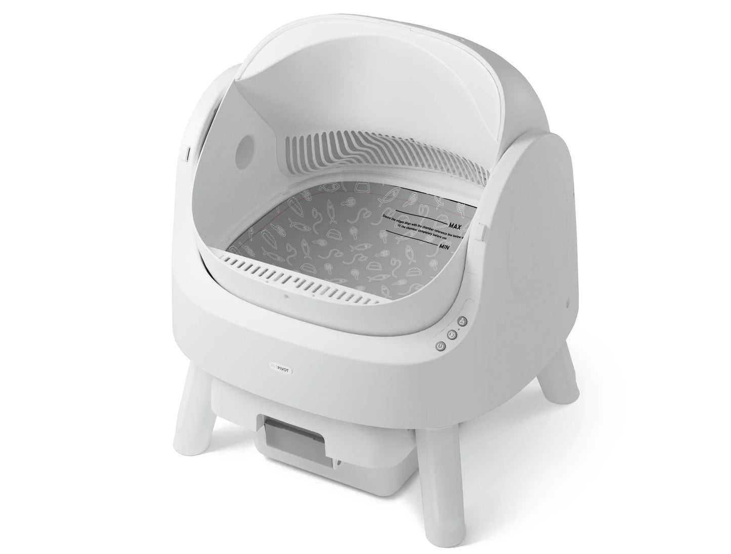 White automatic litter box with domed hood, open top view showing gray interior, removable waste drawer, and control buttons.