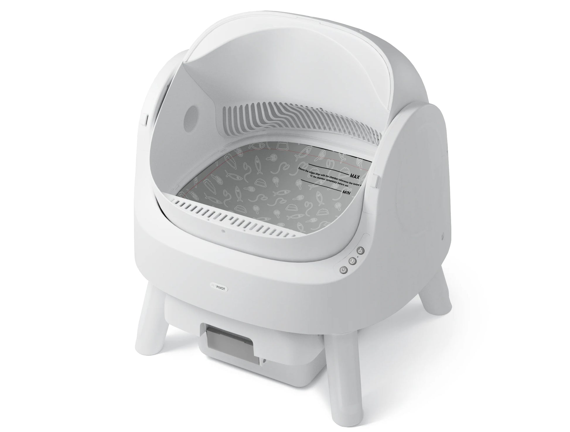 White automatic litter box with domed hood, open top view showing gray interior, removable waste drawer, and control buttons.