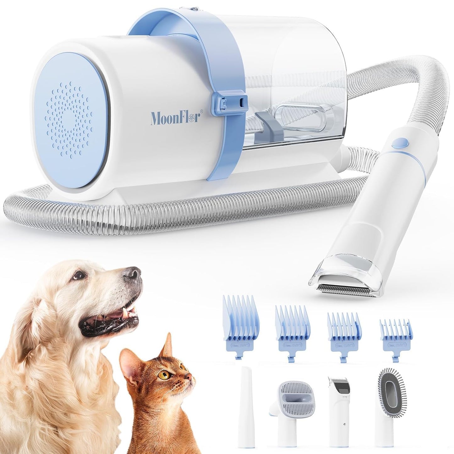 MoonFur dog grooming vacuum kit with white cylindrical unit, blue accents, hose attachments, cordless clipper, and four guide combs for dogs and cats.