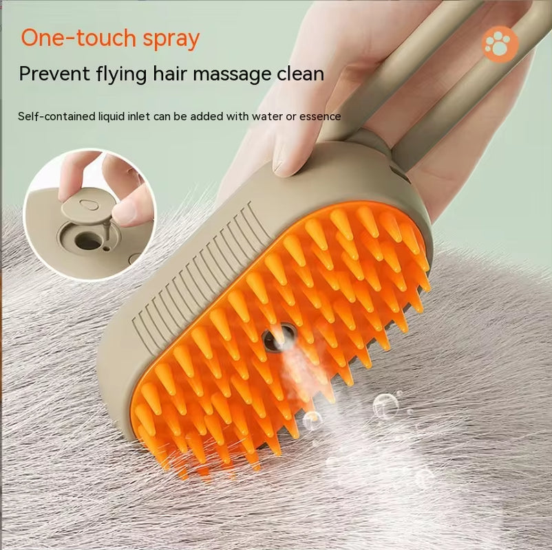Hand holding beige electric spray comb with orange massage bristles, spraying mist on hair. One-touch spray button shown in circular inset.