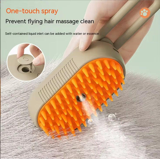 Hand holding beige electric spray comb with orange massage bristles, spraying mist on hair. One-touch spray button shown in circular inset.
