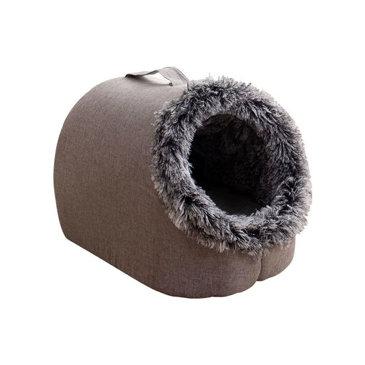 Taupe fabric pet cave bed with gray faux fur trim entrance and handle on top, viewed against white background.