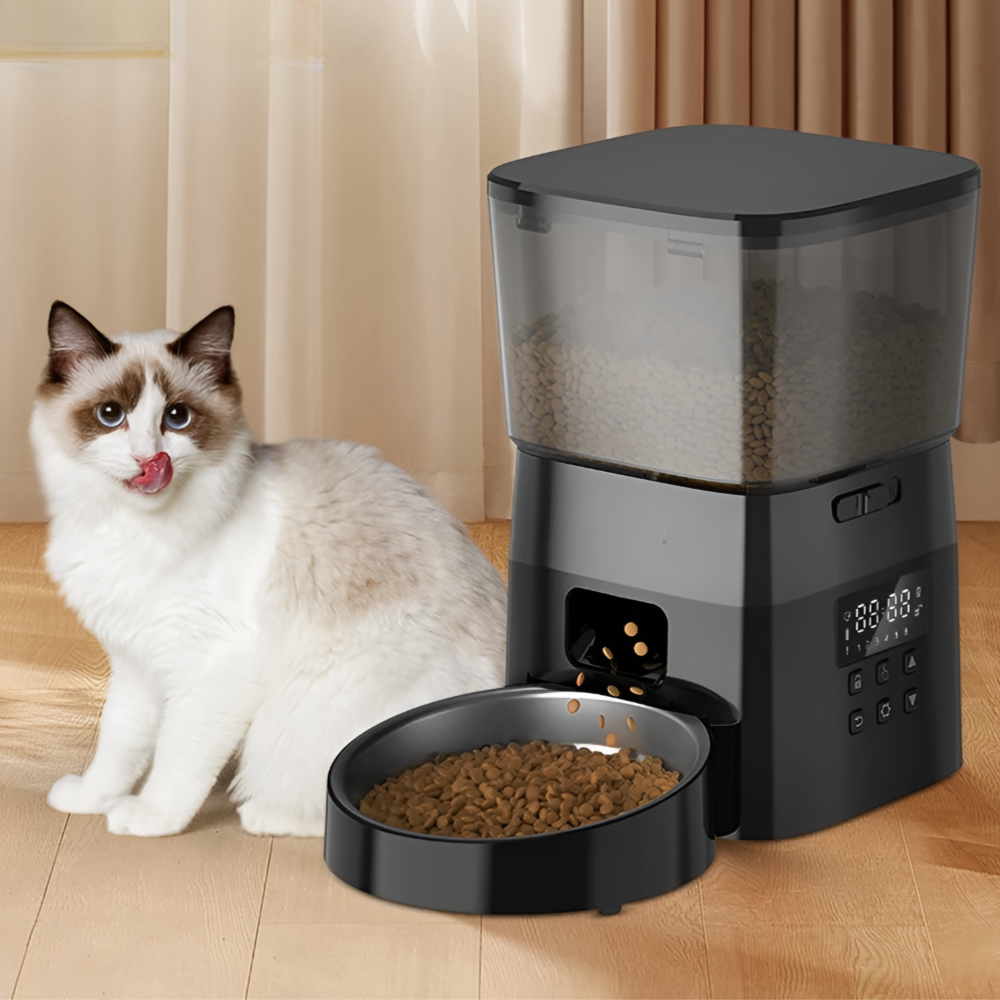 Colorpoint cat beside black automatic pet feeder with digital display and stainless steel food bowl filled with kibble.